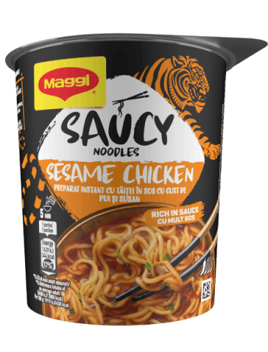 MAGGI Saucy Noodles, инстант тестенини во зачинет сос со вкус на пилешко месо и сусам, чаша, 75 gr_FOP